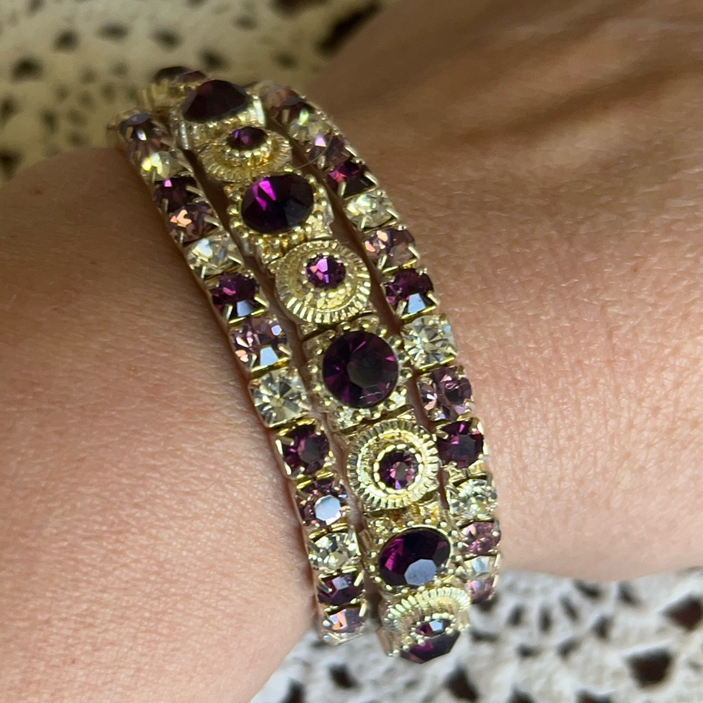 Set of 3 Rhinestone and silver, Elastic Bracelets. Shades of Purple.